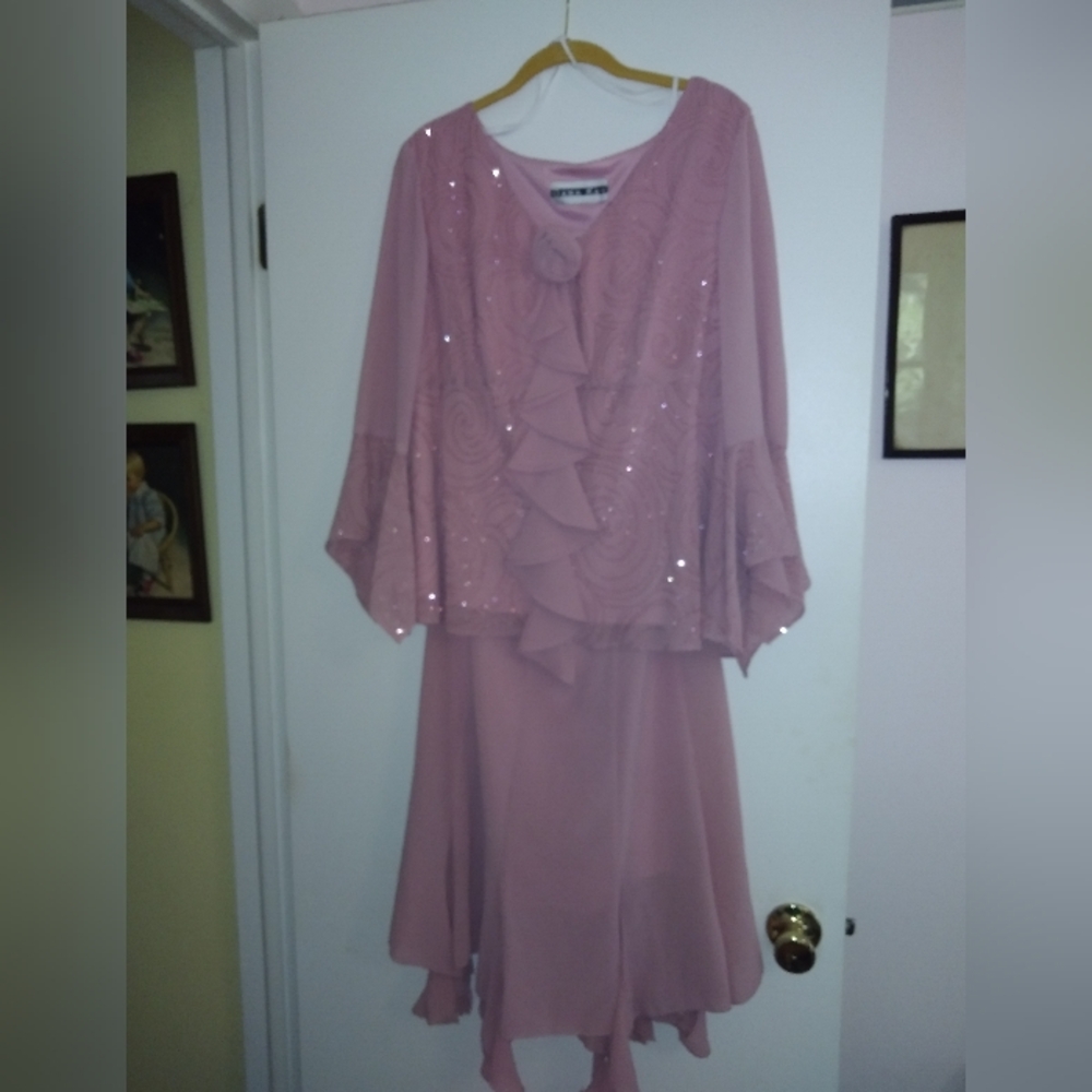 Dana Kay Pink Embellished Hankercheif Tiered 2 Peice Gown with Bell Sleeves
